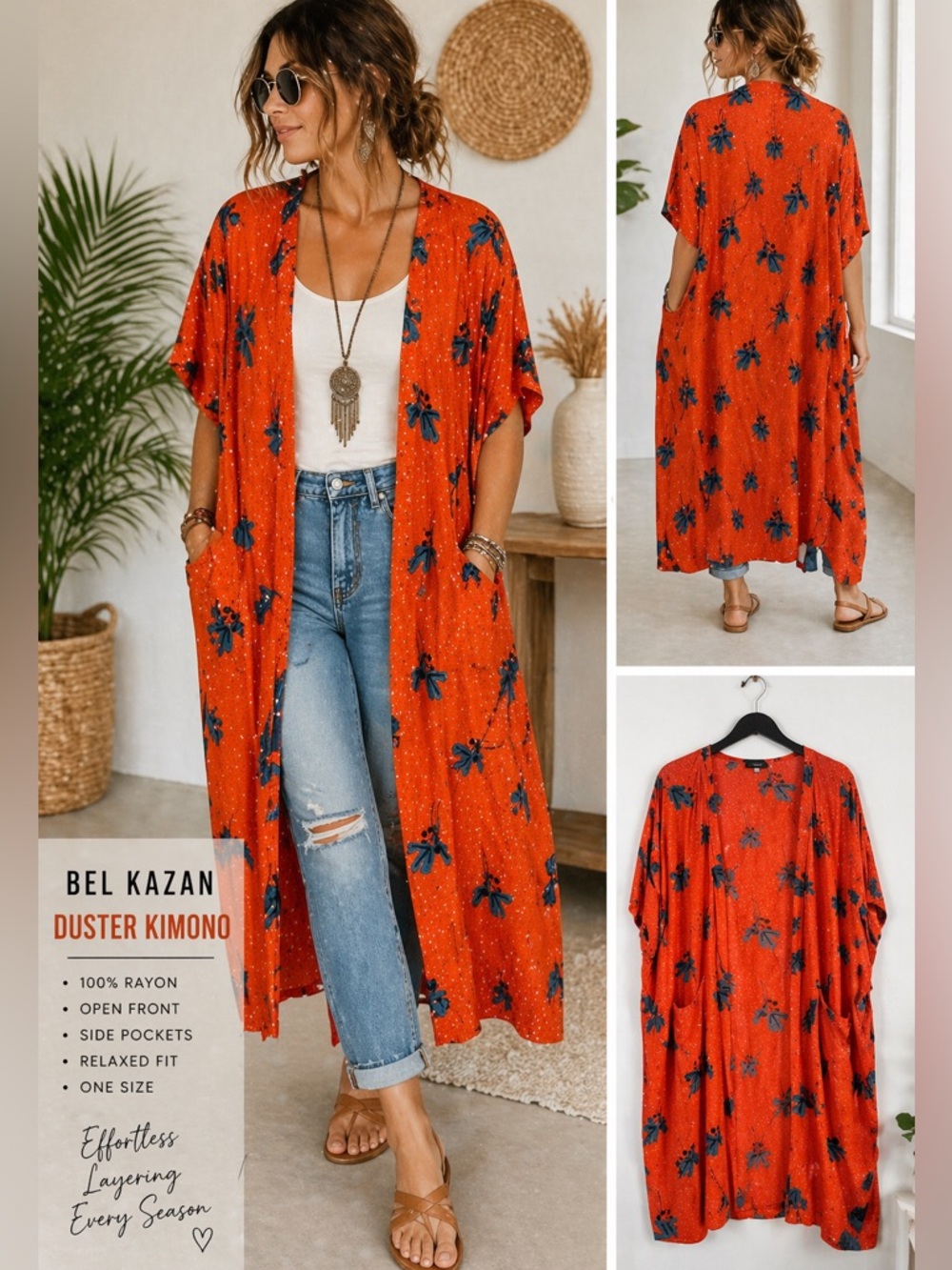 Bel Kazan Orange Floral Duster Kimono Cardigan Rayon Pockets OS